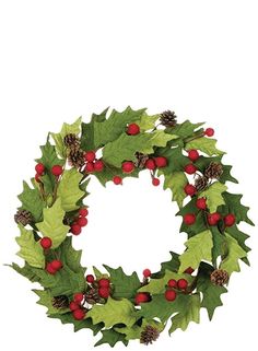 a christmas wreath with holly and pine cones