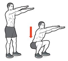 a man doing squats with an arrow pointing to the right and left hand side