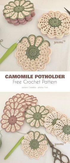 crocheted flower potholders are shown with scissors