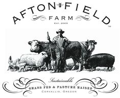 an image of a man standing next to some cows and sheep in front of the words aftonfield farm