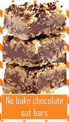 no bake chocolate oat bars stacked on top of each other with text overlay