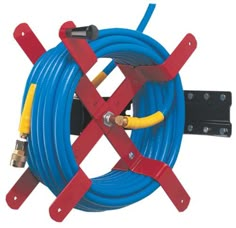 a blue hose connected to two red and yellow wires