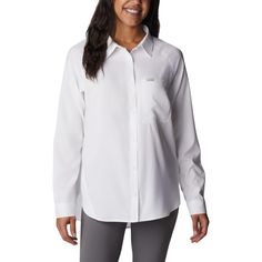 Whether You're Relaxing At Home Or On-The-Go, This Women's Button-Front Top From Columbia Is Just What You Need! Features Button Front Omni-Wick Fabrication Upf 50 Sun Protection 1 Chest Pocket Unlined Fit & Sizing 29 1/2-In. Length Fabric & Care 100% Recycled Polyester Machine Wash Sustainability Features Global Recycled Standard Certified Contains Recycled Polyester Questions? Leave A Comment Below! Outfits Camisa, Button Front Top, Womens Long Sleeve Shirts, Columbia Sportswear, Shirt Sale, Casual Fits, Upf 50, Sun Protection, Long Sleeve Shirt