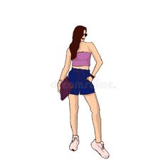 a woman in shorts and pink top standing with her hands on her hips royalty illustration