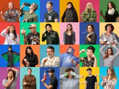 a collage of people with different types of clothing and hats, all holding cell phones in their hands