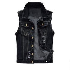 Motorcycle Enthusiasts! Want to create a layered outfit? Distressed Black Denim Vest is a good choice for you. Because wearing a denim vest will expose your underlying shirt or top. An elegant design denim vest, also suitable for parties, outside activities, dates, business work, and other casual occasions in all seasons. Features: 80% cotton, 20% polyester, feel soft and comfortable Retro Buttons front closure Turn-down collar Twin front chest pockets with stud fastening Ripped Jacket, Fashion Guys, Men Waistcoat, Denim Vests, Jean Jacket Men