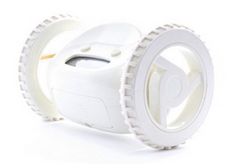 an image of a white robot wheel with wheels on it's side and the bottom part facing forward