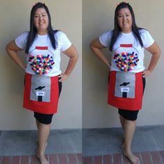 two pictures of a woman wearing an apron with balloons on the front, and one has her hands on her hips