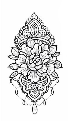 a black and white drawing of a flower with drops on the petals, in an ornate style