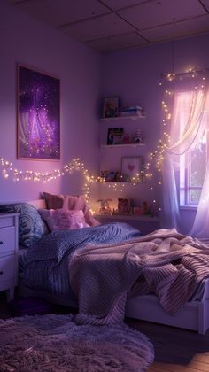 a purple bedroom with fairy lights on the ceiling and bed in front of a window