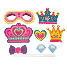 a set of princess masks and tiaras with bows, bow ties and diamond pins