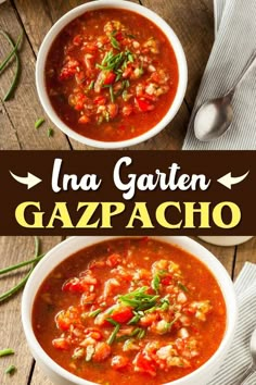 two white bowls filled with tomato soup and gazpacchio sauce on top of a wooden table