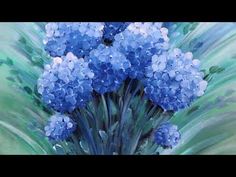 a painting of blue flowers on a green background