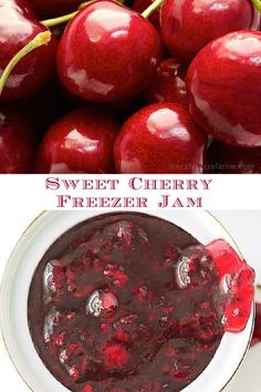 two pictures side by side one has cherries and the other has freezer jam