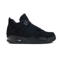 The Air Jordan 4 GS “Black Cat” is the youth sizing of classic colorway that was re-released in 2020. Of Michael Jordan’s many nicknames, his “Black Cat” moniker is unforgotten by longtime sneakerheads as it inspires the stealthy design of his fourth signature shoe that was originally released in 2006. Black nubuck covers the entire upper, save for the tonal mesh netting on the mid-panel and throat of the model. Jordan Brand finishes off the tongue tab and heel with classic grey Jumpman branding Black Cats Jordans, Trendy Black Shoes, Hard Shoes, Air Jordan 4 Black Cat, Air Jordan 1 Dior, Jordan 1 Dior, Jordan 1 Blue, Jordan 4 Black, Bday Wishlist