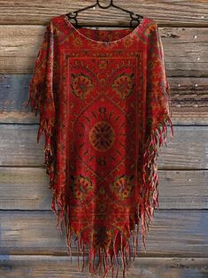 Women's Vintage Floral Totem Print Punk Hippie Batwing Tussle Fringes Poncho T-Shirt Bohemian Fall Top With Tassels, Bohemian Tops With Tassels For Fall, Bohemian Top With Tassels For Fall, Casual Festival Poncho With Fringe, Casual Poncho With Tassels For Festivals, Casual Red Tassel Top, Bohemian Fringe Tops For Festival, Casual Red Tops With Tassels, Bohemian Tops With Frayed Hem And Short Sleeves