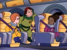 an animated image of some people on a plane with one person in the foreground