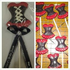 there are two pictures one has red and black corsets, the other is chocolate lollipops