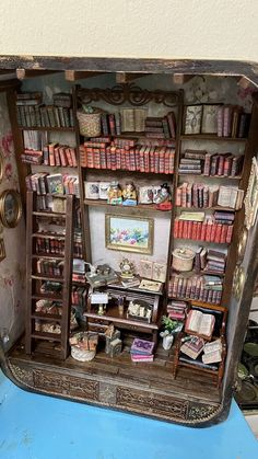 an old wooden book shelf with many books on it