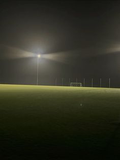 a man standing on top of a lush green field under a street light at night