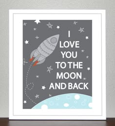 i love you to the moon and back card with rocket ship in space on grey background