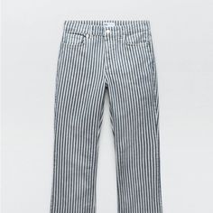 - New With Tags - Made In Serbia - Color: My Pictures Look A Little More Black And White Striped, But It’s Actually A Denim Blue And White Color Cheap Blue Zara Bottoms, Trendy Striped Zara Tops, Chic Striped Zara Bottoms, Zara Striped Beach Tops, Blue Ripped Zara Bottoms, Cropped Flare Jeans, Zara Jeans, Striped Jeans, Denim Blue