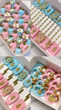 there are many different types of cake decorations in the box, including pink and blue icing