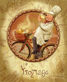 an image of a cook on a bicycle with food in the basket and words that say,