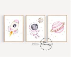 three watercolor paintings of astronauts and planets in pink, white and gold colors on the wall