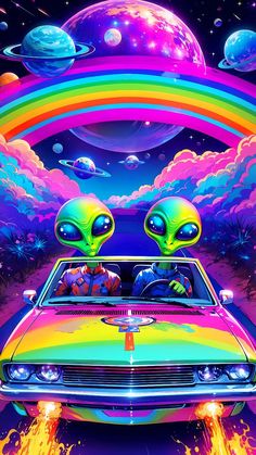 an alien car driving through space with two aliens in the front and rainbow colored clouds behind it