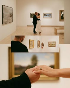 a man and woman holding hands in an art gallery