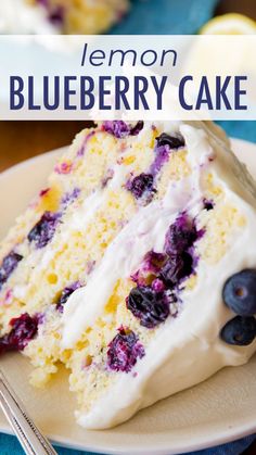 a slice of lemon blueberry cake on a plate