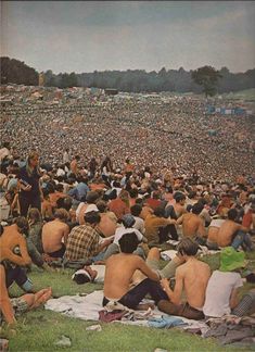 a large group of people sitting on top of a grass covered field next to each other