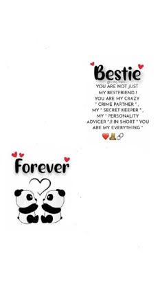 two panda bears with the words bestie and forever written in black on white paper