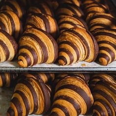 several pastries are lined up on trays and ready to be baked in the oven