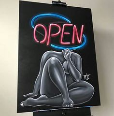 a painting of a naked woman sitting in front of a neon sign that says open