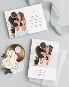 two wedding cards with the same photo on them