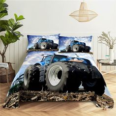 a bed with a blue tractor on it