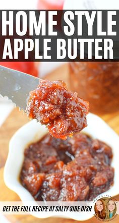 someone is holding up a spoon full of homemade apple butter and it's ready to be eaten