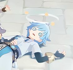 two anime characters are laying on the ground