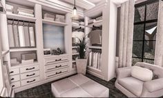 this is an artist's rendering of a walk - in closet with white furniture