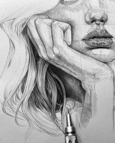 a pencil drawing of a woman's face with her hand resting on her chin