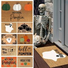 halloween doormats with skeletons and pumpkins on the front porch, along with an image of a skeleton