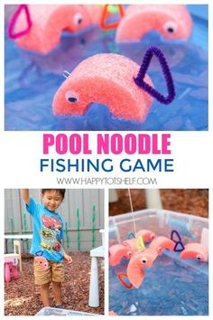 a collage of pictures with the words pool noodle fishing game