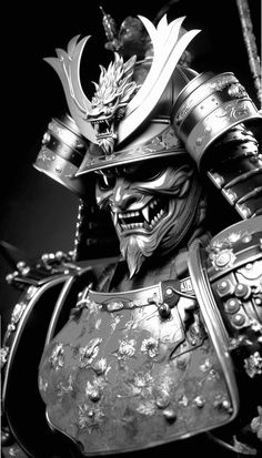 a black and white photo of a samurai statue