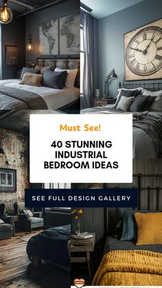 a collage of photos with the words must see 40 stunning industrial bedroom ideas set full design gallery