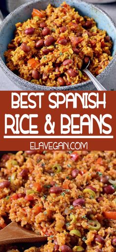 spanish rice and beans in a bowl with spoons