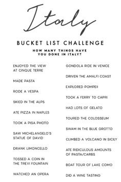 a list with the words, bucket list challenge and how many things have been done in italy