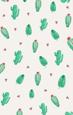 green cactus and watermelon pattern on a white background with red hearts in the middle