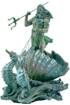 a statue of a man holding a spear and standing on top of a sea shell